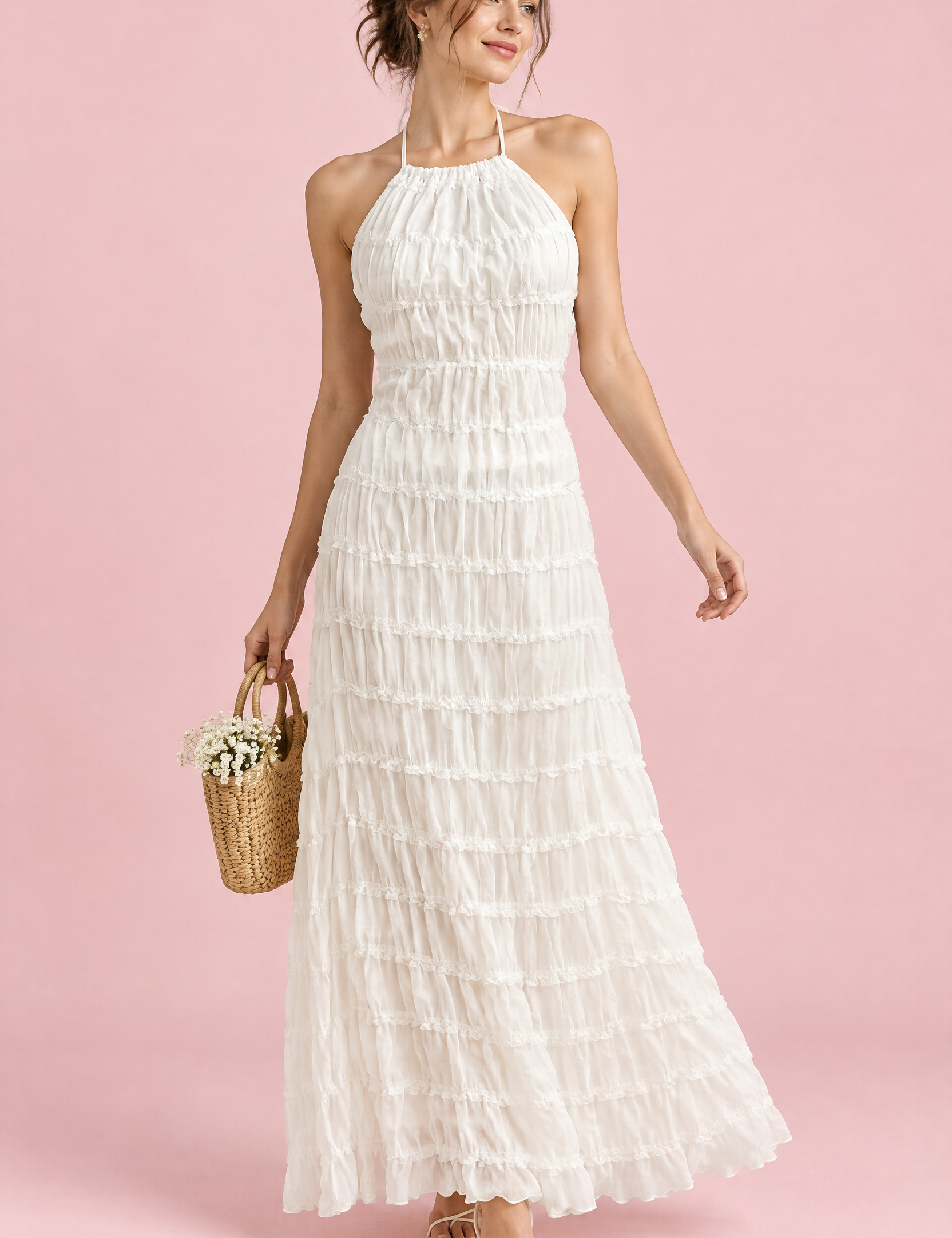 Robe longue plissée blanche | Vue de face | Lounelle Paris
