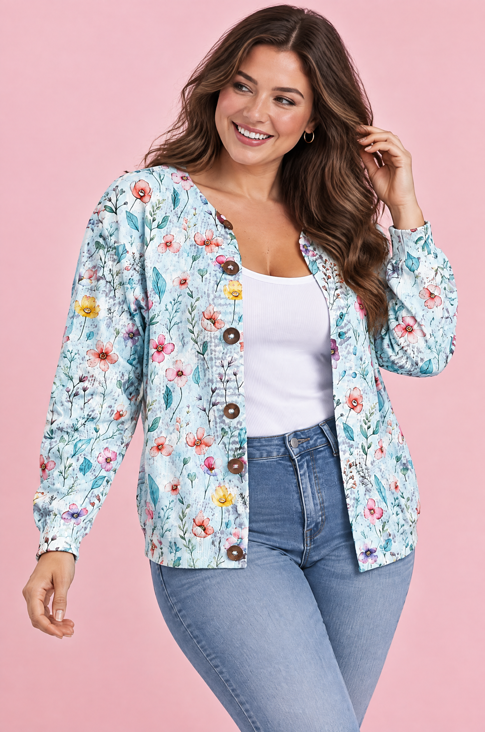 Cardigan bleu clair boutonné à col rond | Porté sur une autre silhouette | Lounelle Paris