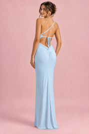 Robe longue bleu clair à une épaule et dos ouvert | Vue de dos | Lounelle Paris