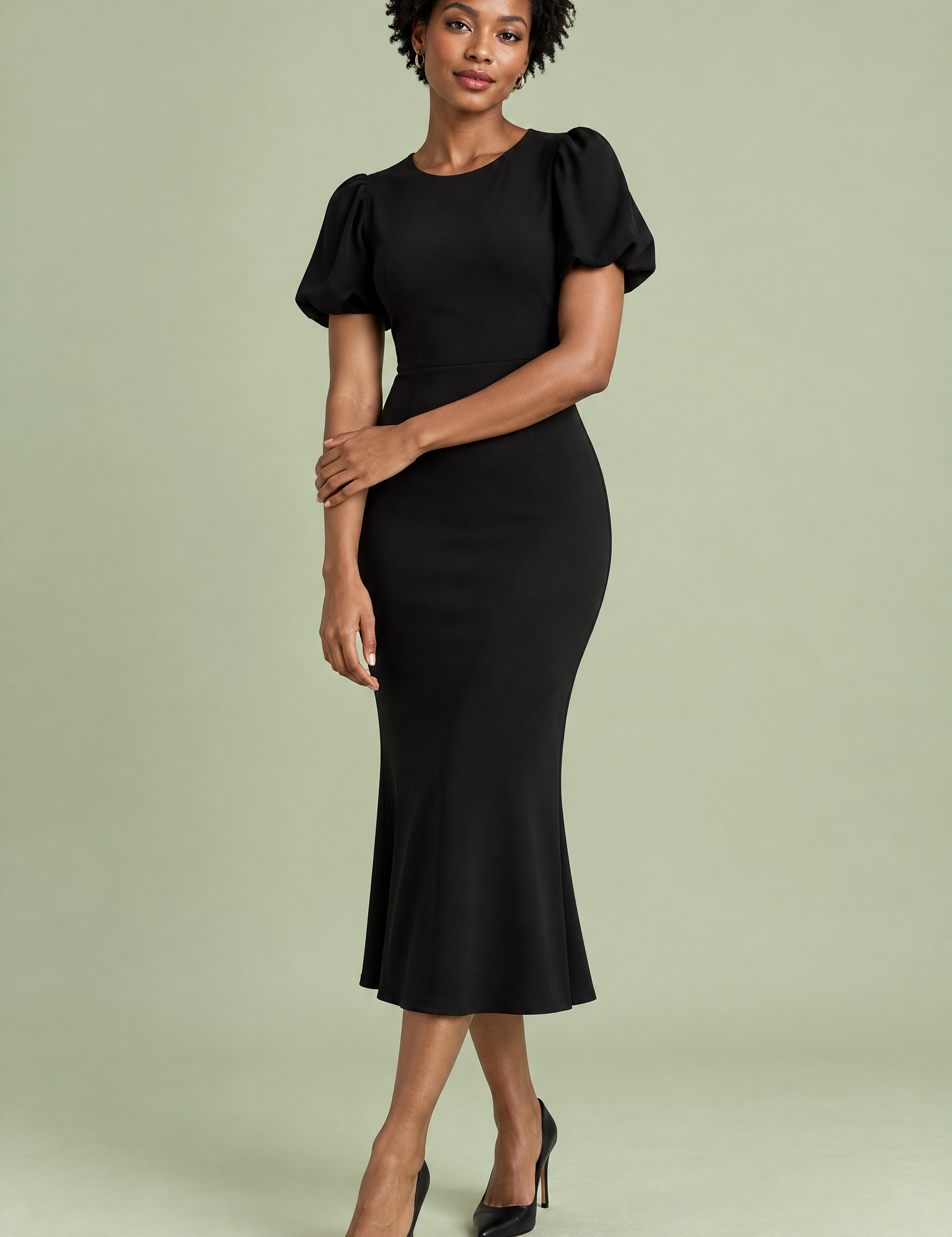 Robe midi noire à manches bouffantes | Vue de face | Lounelle Paris
