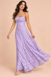 Robe longue fleurie lavande à col bénitier | Vue en mouvement | Lounelle Paris