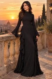 Robe longue noire à volants et manches cloche | Deuxième photo lifestyle | Lounelle Paris
