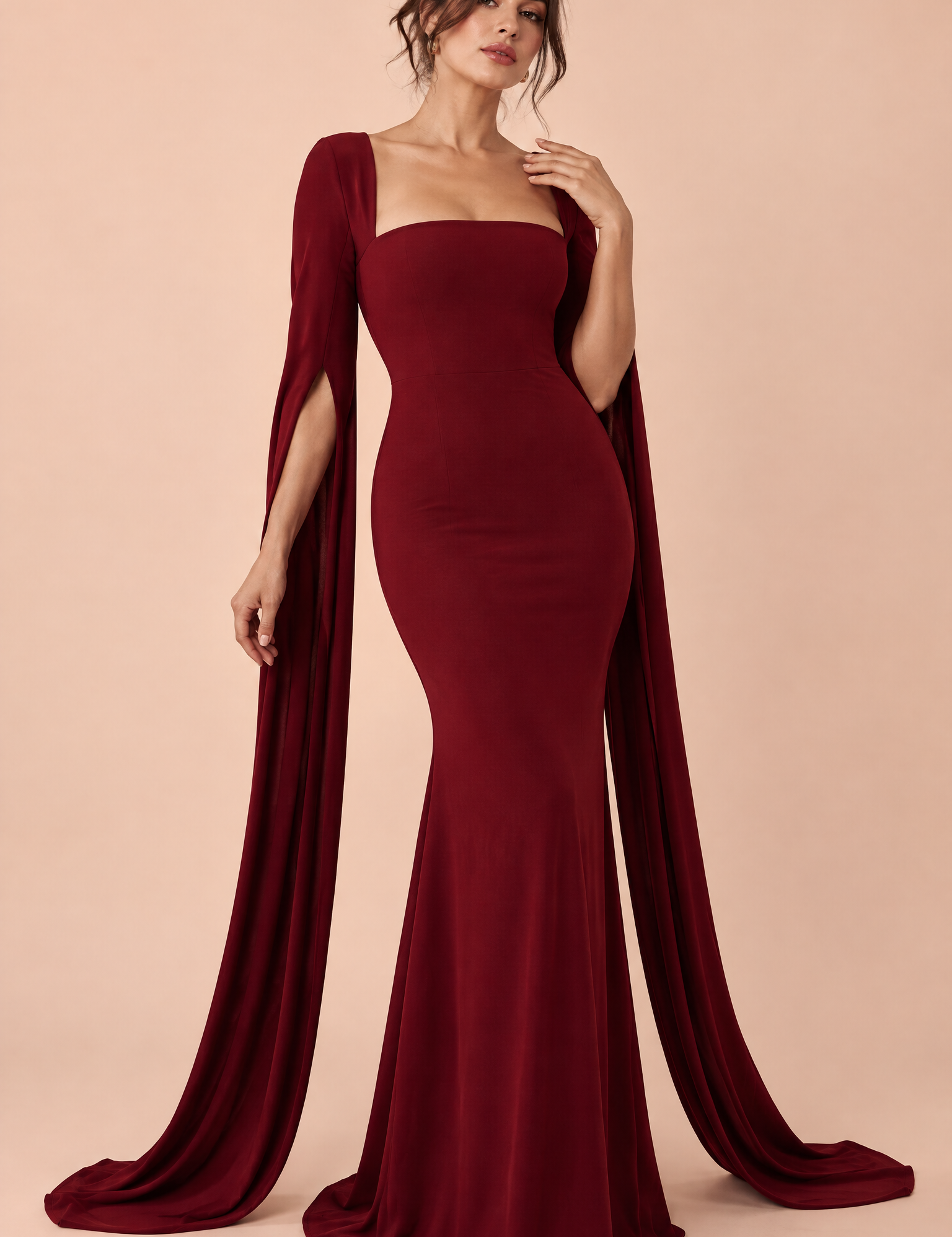 Robe longue rouge moulante à encolure carrée | Vue de face | Lounelle Paris