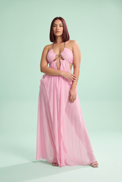 Robe longue rose à encolure américaine, découpes et mesh transparent | Porté sur une autre silhouette | Lounelle Paris