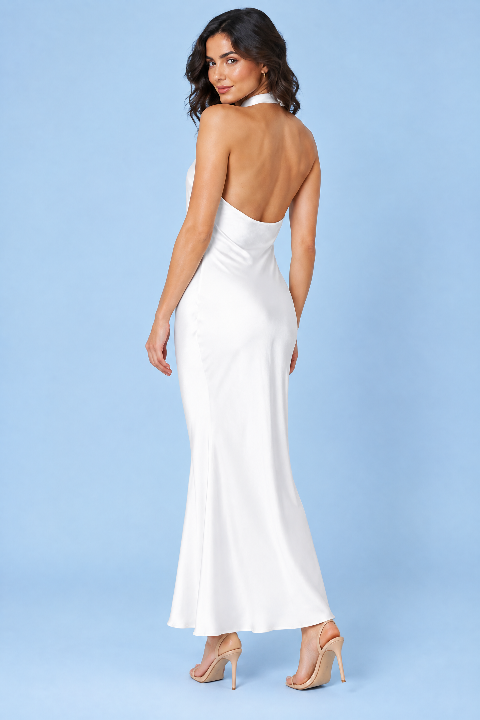 Robe longue blanche dos nu à col américain | Vue de dos | Lounelle Paris