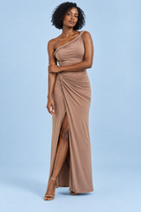 Beige asymmetrisk body med twist och stringskärning