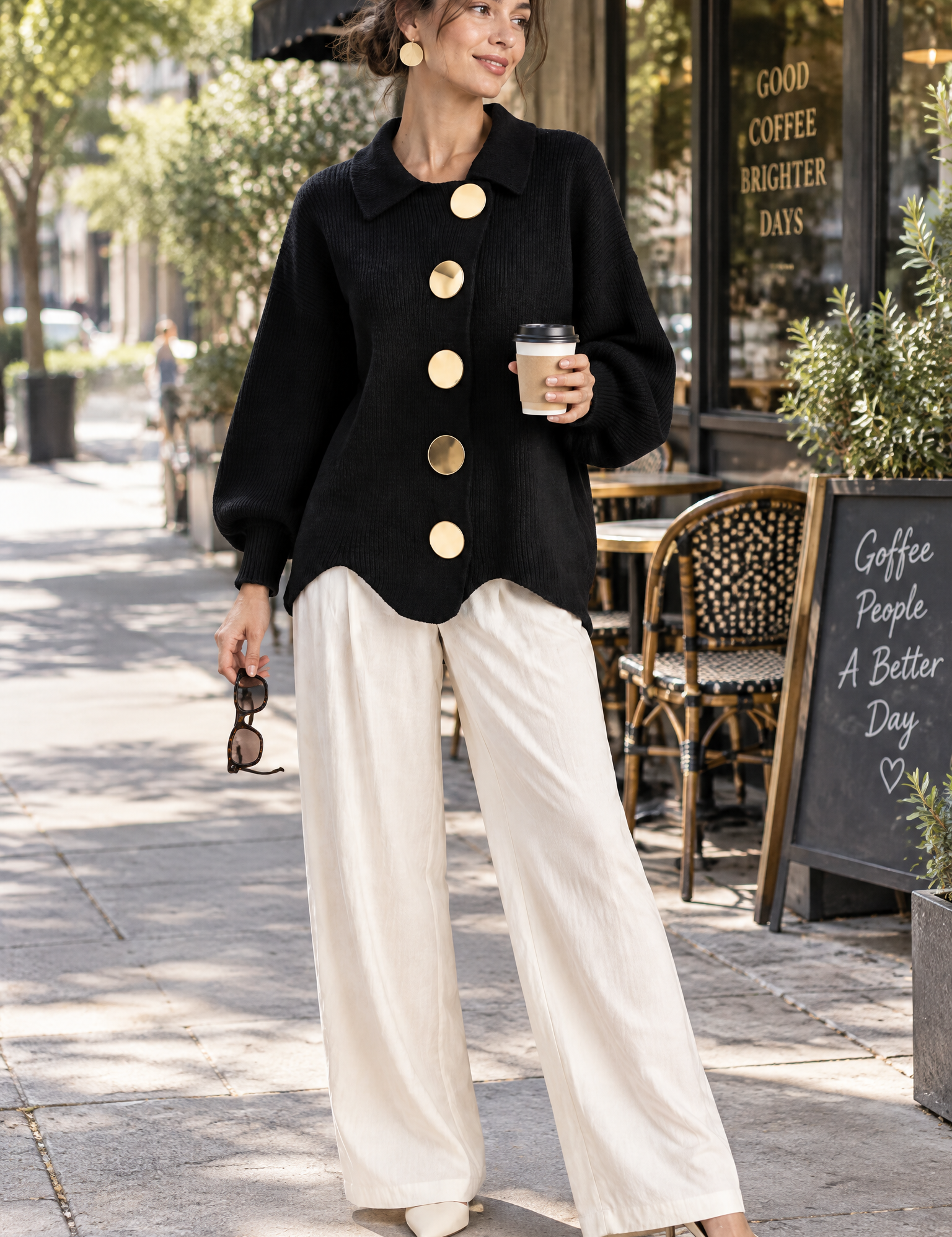 Cardigan oversize noir à col | Photo lifestyle | Lounelle Paris