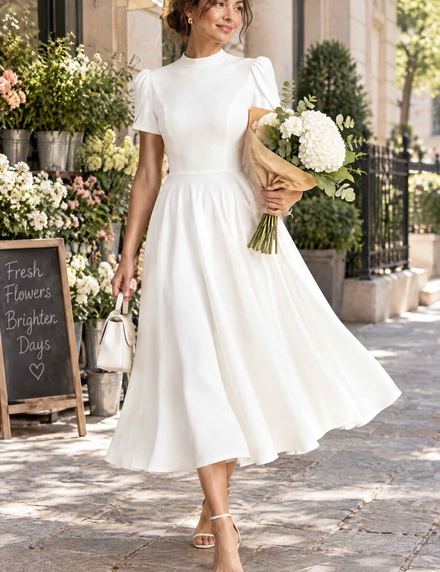 Robe midi blanche à col montant et manches bouffantes | Photo lifestyle | Lounelle Paris