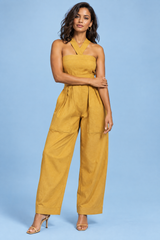 Jumpsuit med halterneck och vida ben – solrosgul