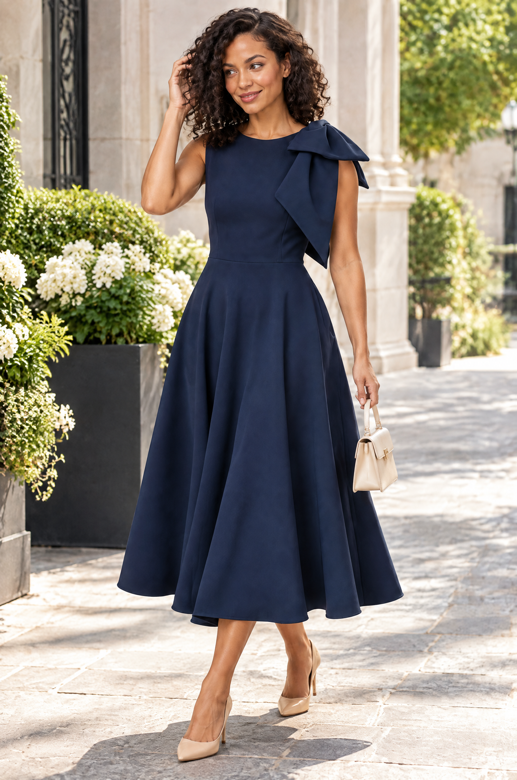 Robe midi bleu marine à encolure asymétrique et manche à nœud | Photo lifestyle | Lounelle Paris