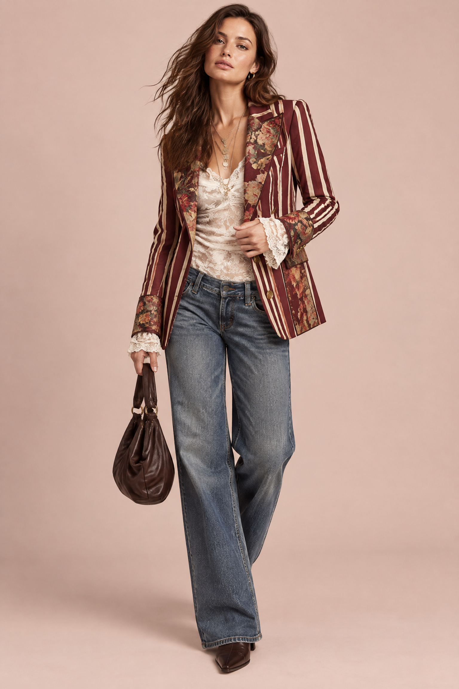 Blazer ajusté rouge à fleurs et rayures | Vue de face | Lounelle Paris
