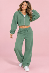 Kort zip-hoodie-set i salviagrönt