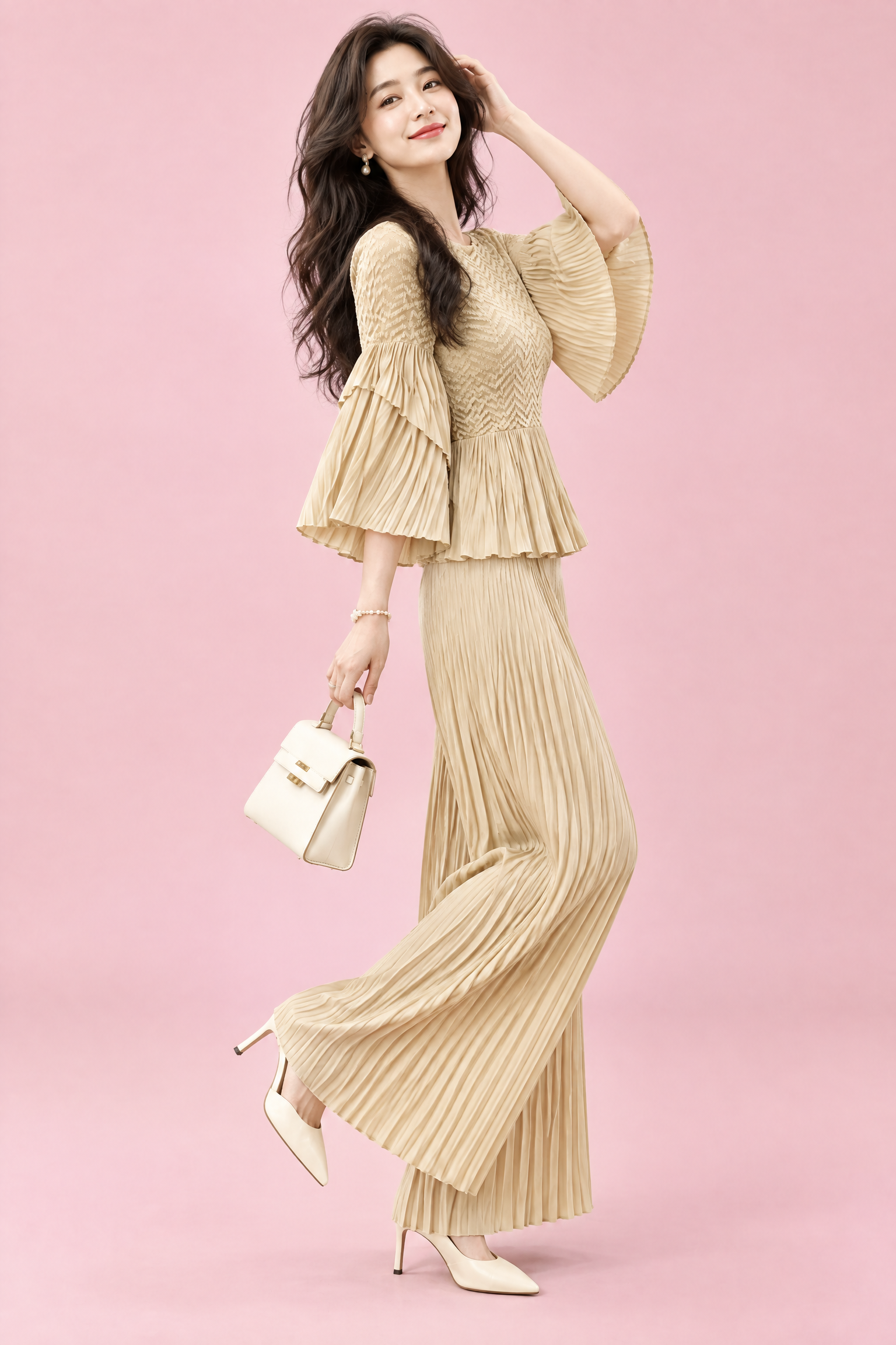 Ensemble plissé beige avec pantalon large | Vue de dos | Lounelle Paris