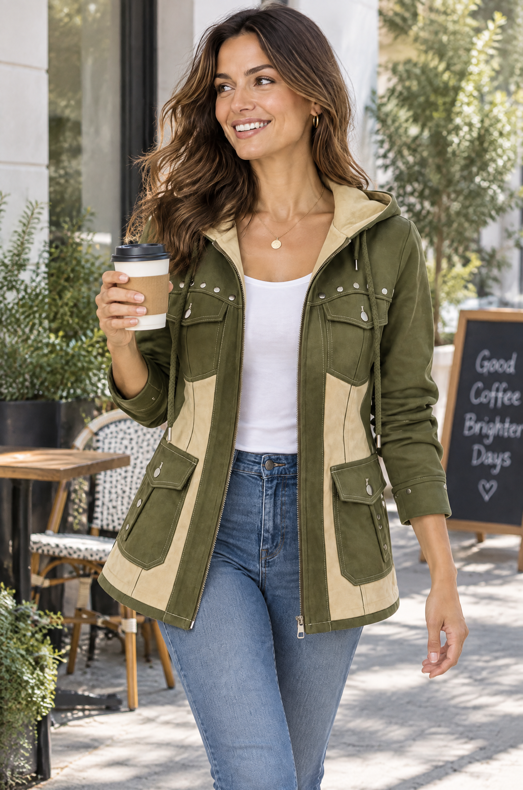 Veste à capuche olive à empiècements | Photo lifestyle | Lounelle Paris