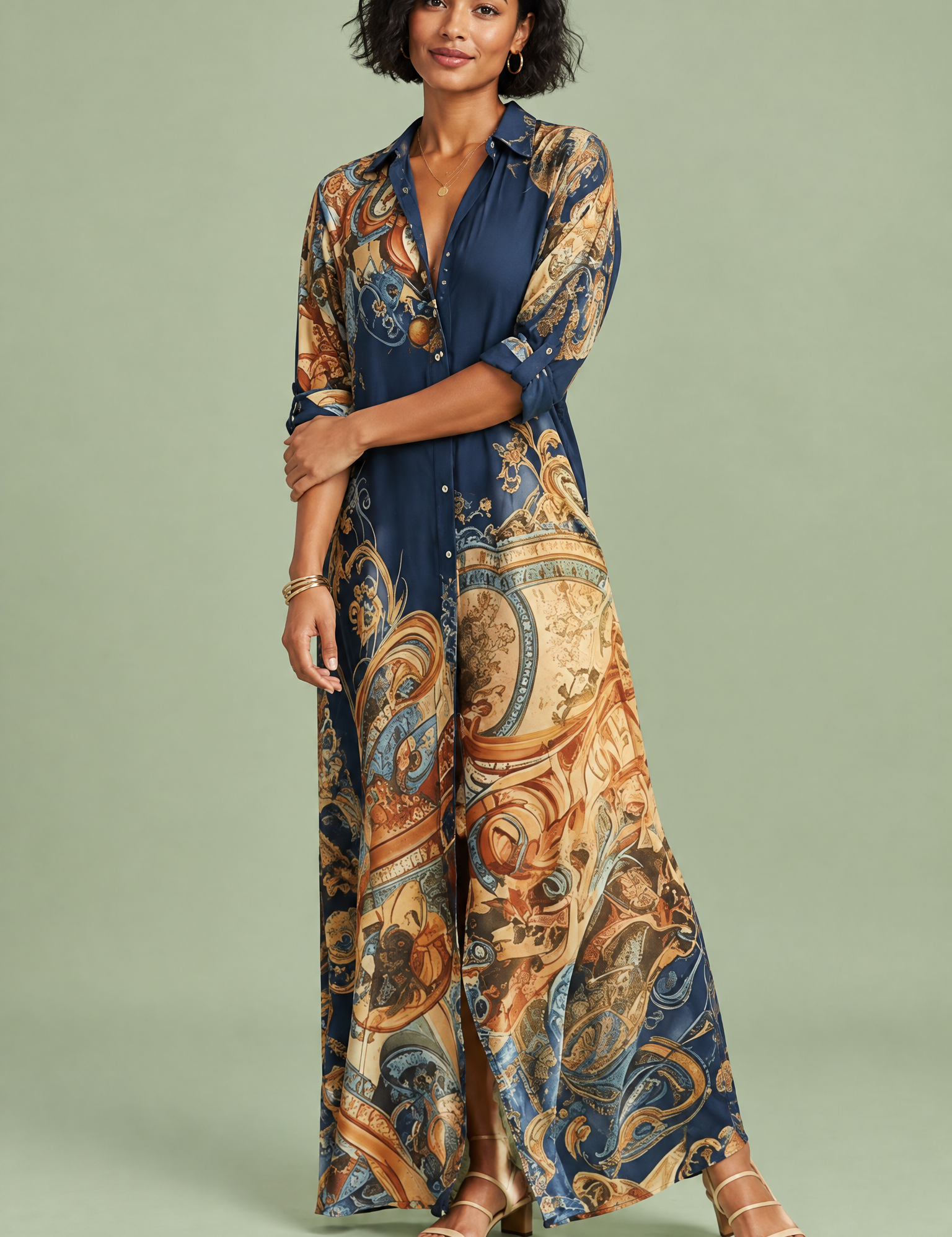 Robe-chemise midi imprimée bleu marine | Vue de face | Lounelle Paris