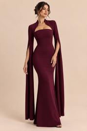 Robe longue bordeaux à encolure carrée et manches cape | Vue de face | Lounelle Paris