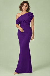 Robe longue violette à encolure Bardot et bretelle torsadée | Vue de face | Lounelle Paris