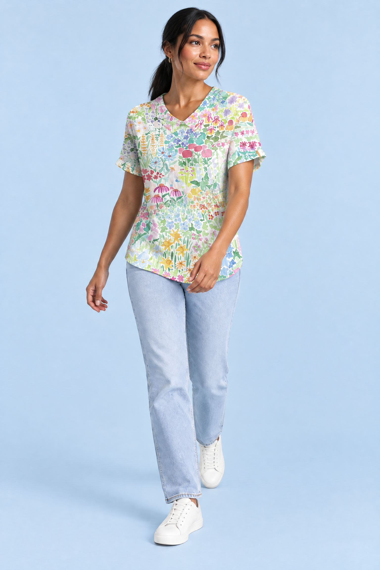 T-shirt blanc à imprimé floral et col | Vue en mouvement | Lounelle Paris
