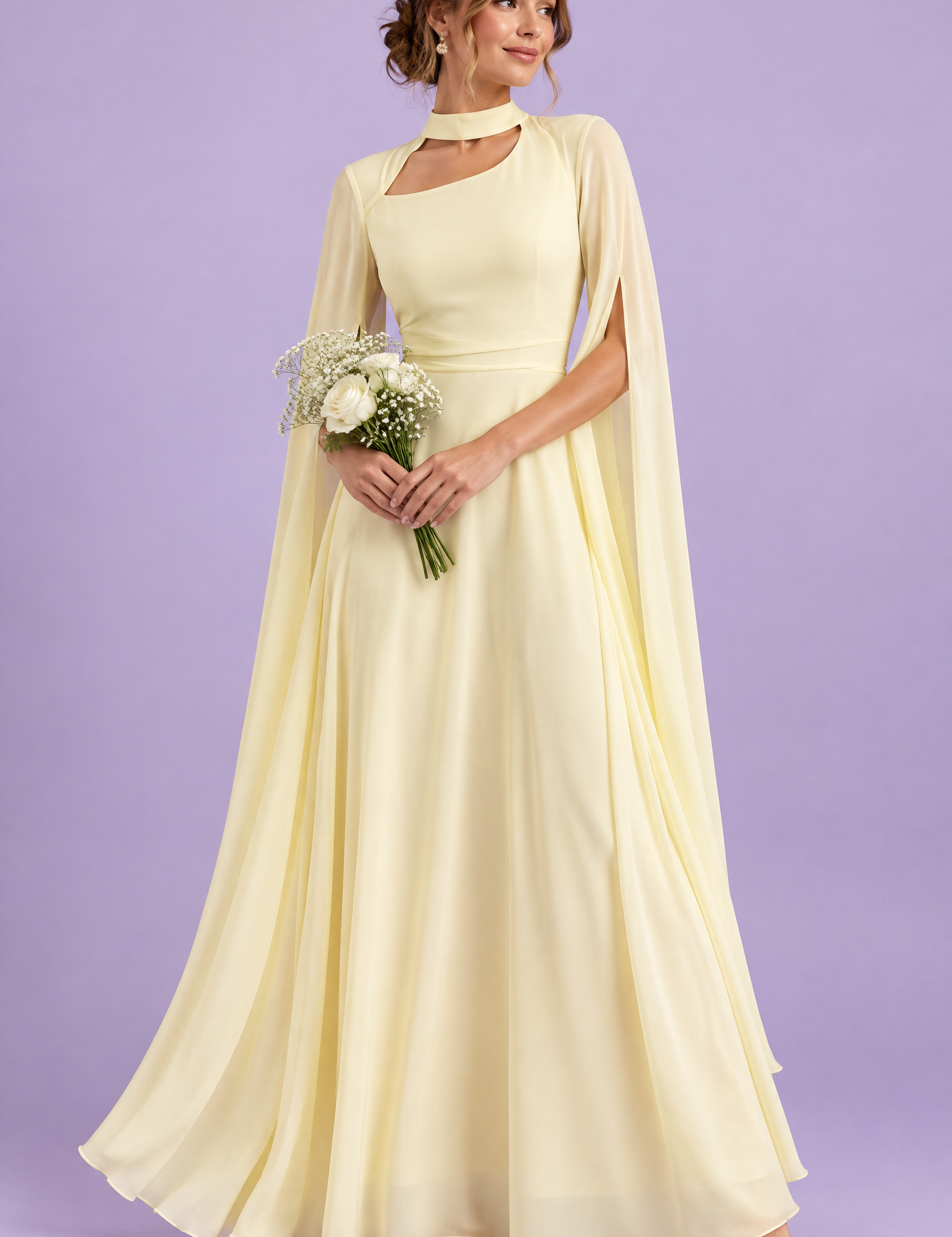 Robe longue jaune clair à encolure carrée et manches cape | Vue de face | Lounelle Paris