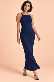 Robe longue moulante dos nu bleu foncé | Vue en mouvement | Lounelle Paris