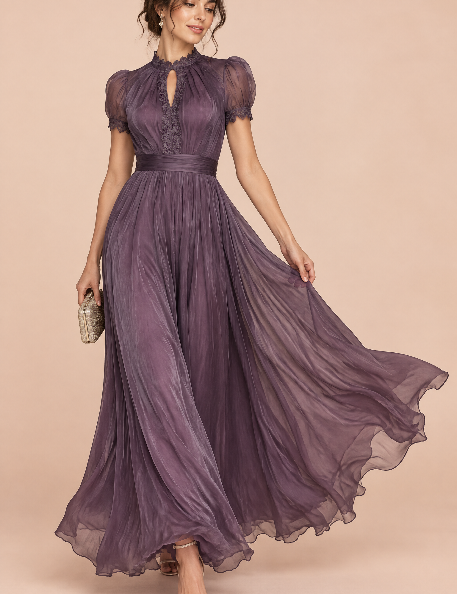 Robe longue violette à volants | Vue de face | Lounelle Paris
