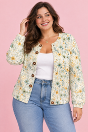 Cardigan fleuri boutonné blanc cassé | Porté sur une silhouette plus ronde | Lounelle Paris
