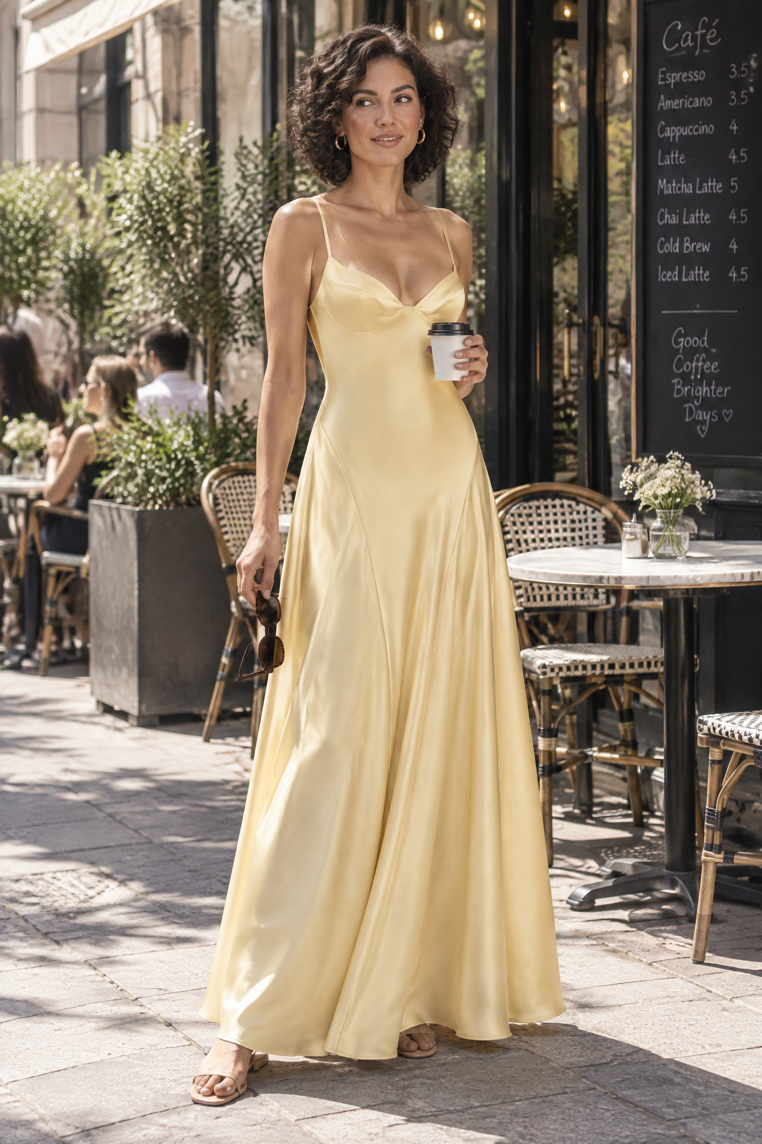 Robe longue satinée jaune pâle à col V | Photo lifestyle | Lounelle Paris