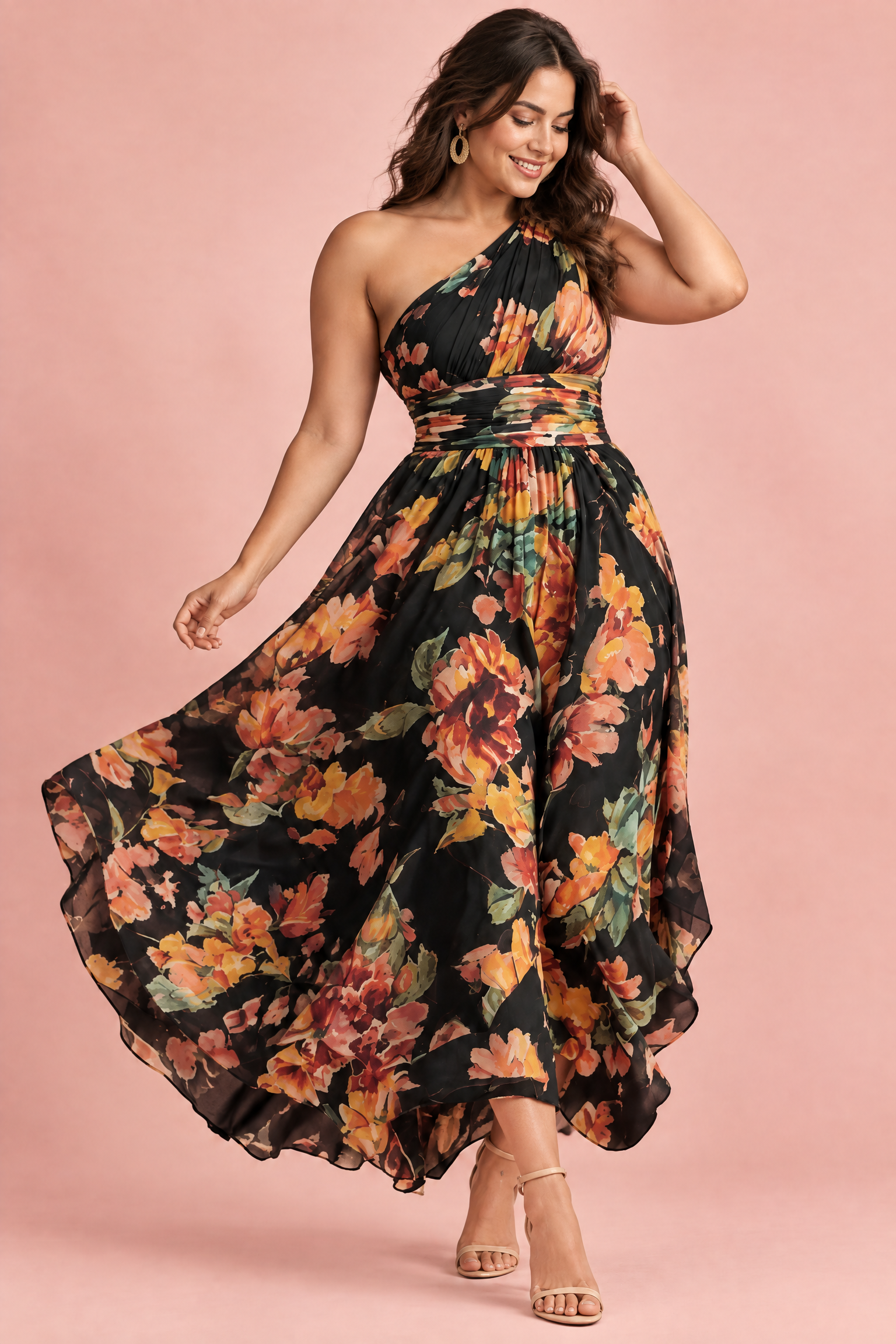 Robe noire fleurie à une épaule | Porté sur une autre silhouette | Lounelle Paris