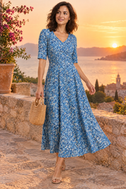 Robe longue bleue à col V | Deuxième photo lifestyle | Lounelle Paris