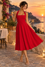 Robe midi patineuse rouge à col américain | Deuxième photo lifestyle | Lounelle Paris