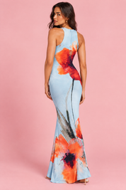 Robe longue bleue imprimée coquelicots à encolure Bardot | Vue de dos | Lounelle Paris