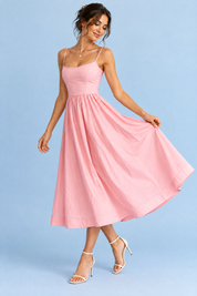 Robe midi rose plissée évasée | Vue de dos | Lounelle Paris