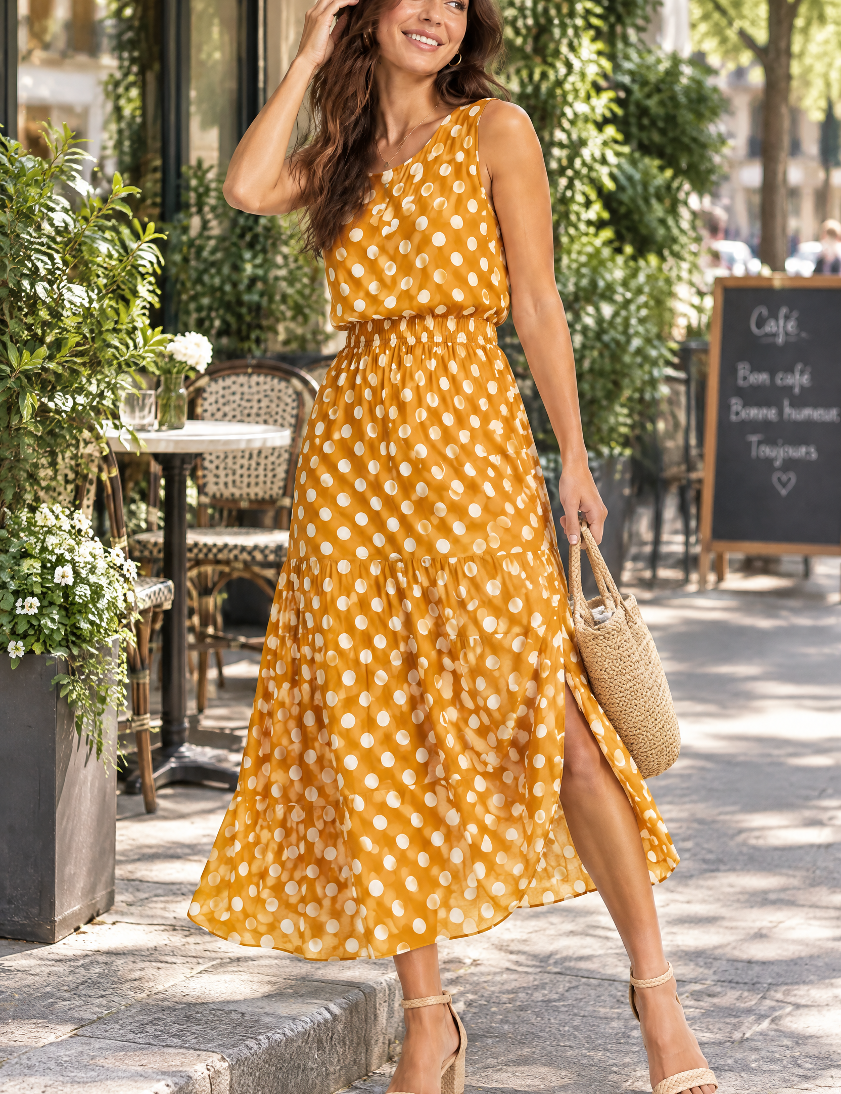 Robe longue jaune à pois avec col montant et détails drapés | Photo lifestyle | Lounelle Paris