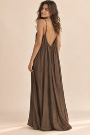 Robe longue fluide dos nu marron | Vue de dos | Lounelle Paris