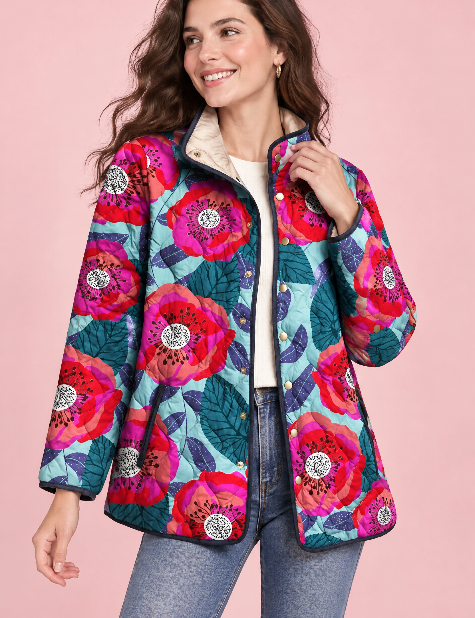 Veste matelassée turquoise à col montant | Vue de face | Lounelle Paris