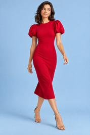 Robe midi rouge à manches bouffantes | Vue en mouvement | Lounelle Paris