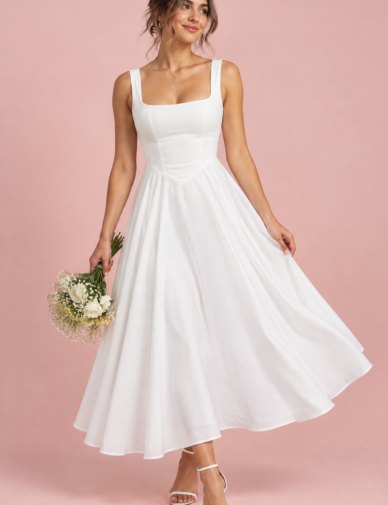 Robe midi blanche à fines bretelles et ourlet ample | Vue de face | Lounelle Paris