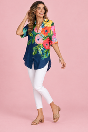 Chemise longue fleurie à col – Bleu marine | Vue de dos | Lounelle Paris