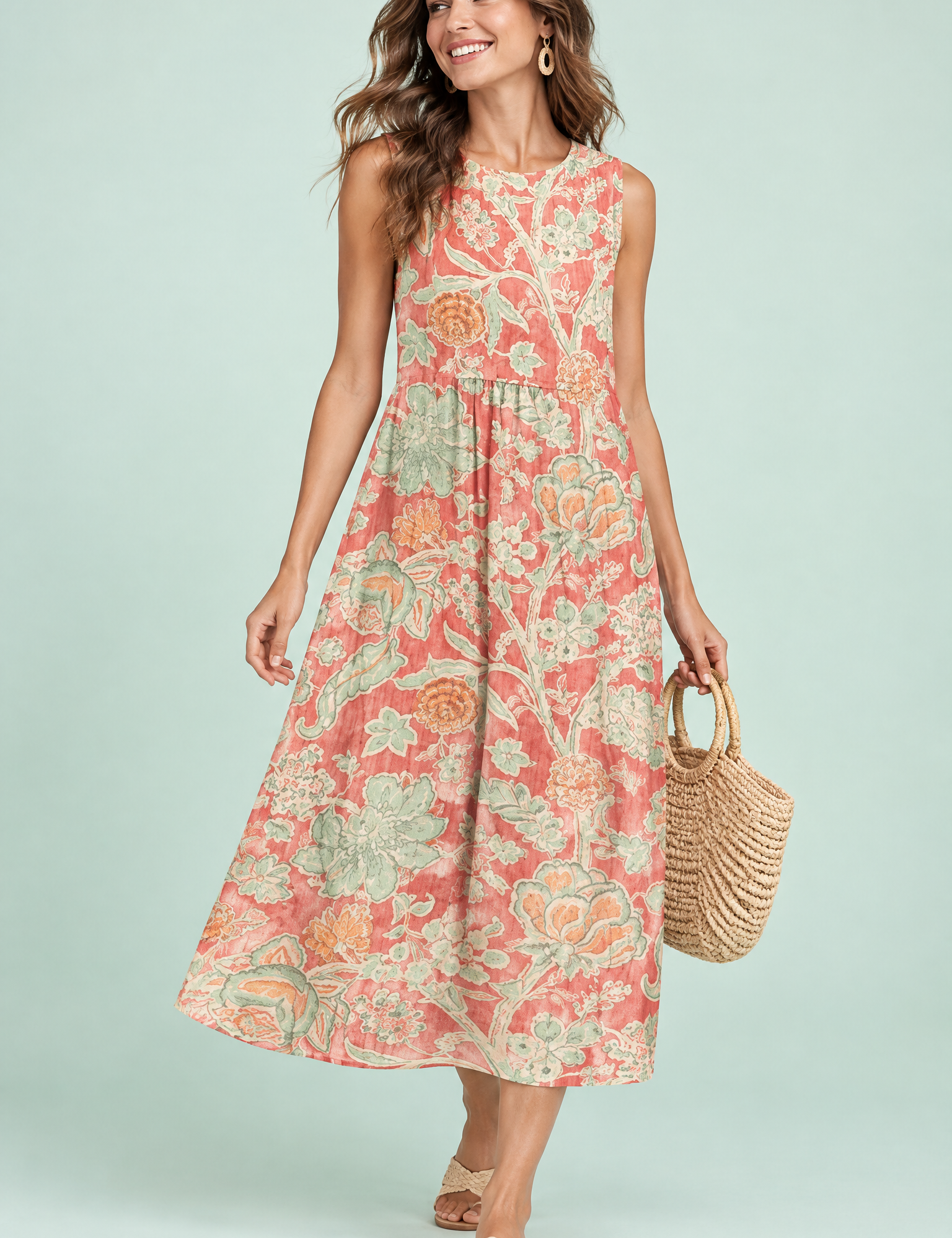 Robe midi corail à imprimé floral | Vue de face | Lounelle Paris