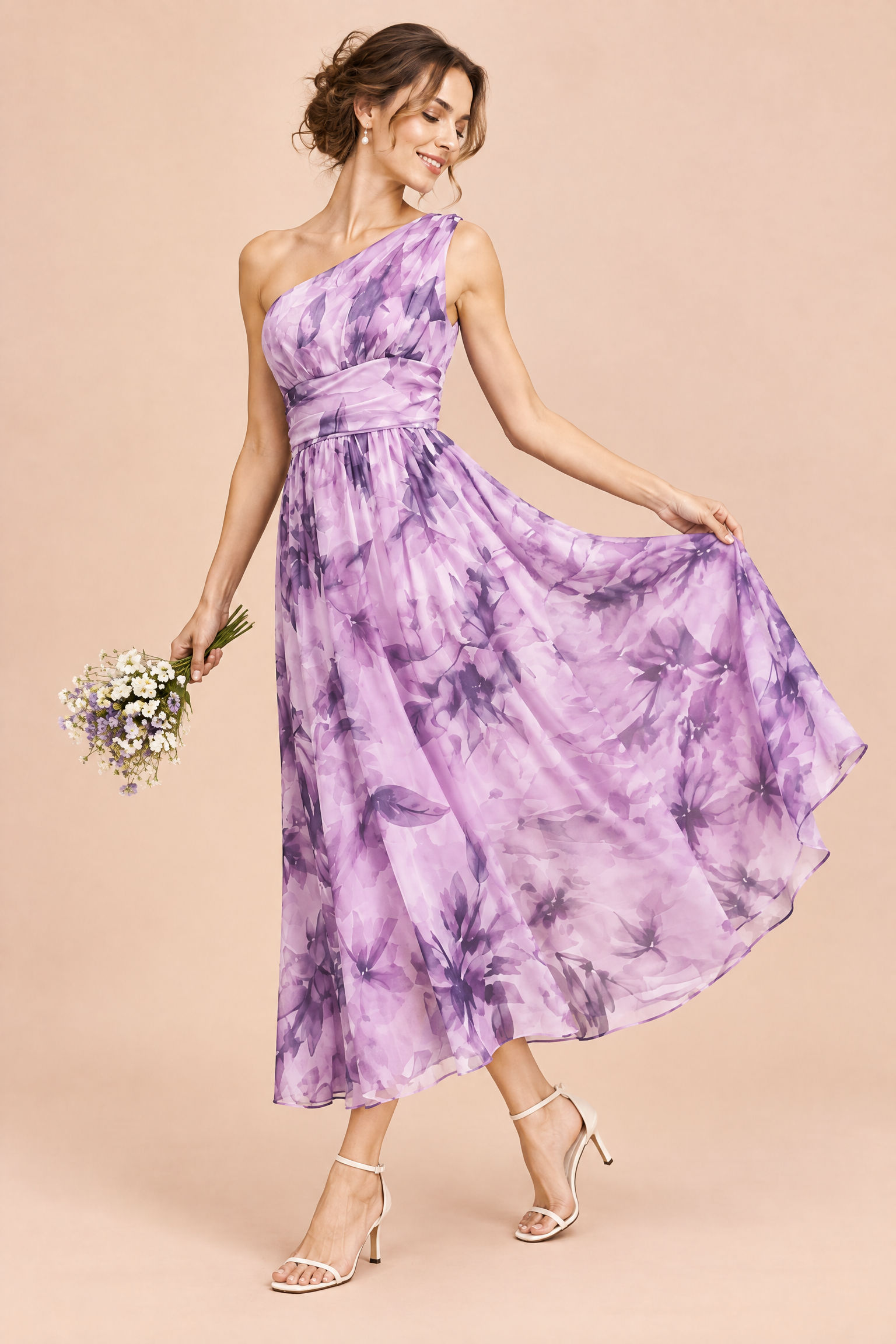 Robe longue fleurie violet clair à une épaule, coupe trapèze | Vue de dos | Lounelle Paris