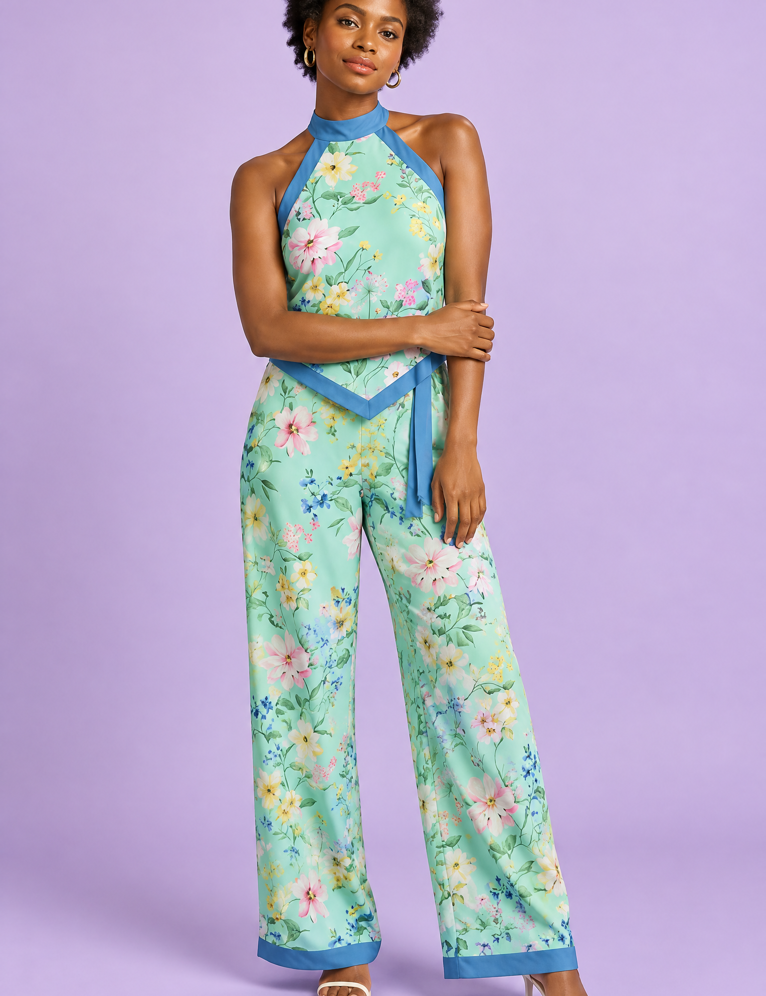 Combishort asymétrique vert menthe à imprimé floral et encolure dos nu | Vue de face | Lounelle Paris