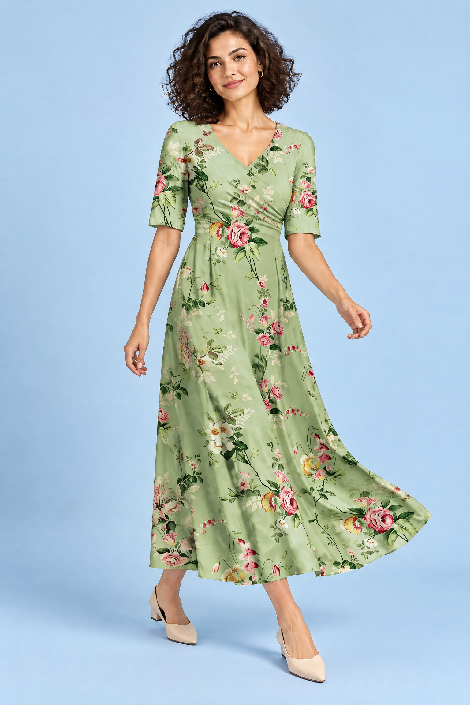 Robe longue verte à col V | Vue en mouvement | Lounelle Paris