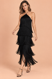 Robe longue noire dos nu à franges superposées | Vue en mouvement | Lounelle Paris