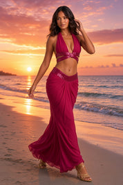 Ensemble magenta à dos nu avec jupe longue drapée | Deuxième photo lifestyle | Lounelle Paris