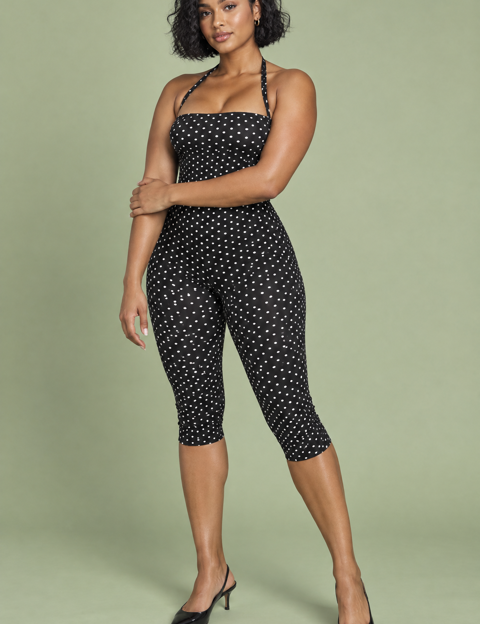 Combinaison pantalon ajustée à pois noire | Vue de face | Lounelle Paris