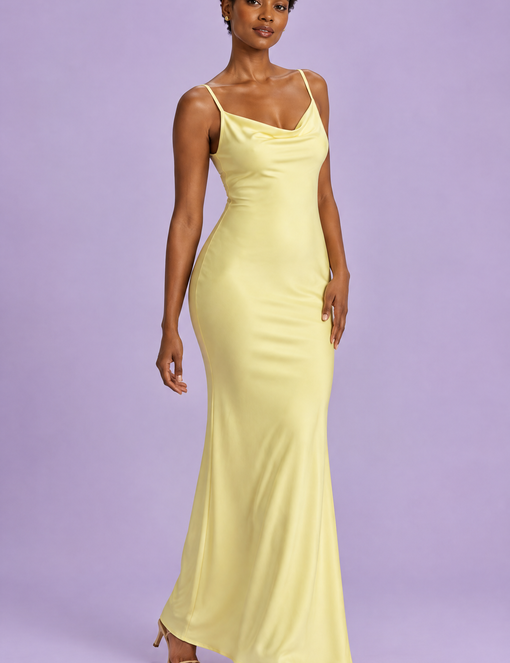 Robe longue moulante jaune à col bénitier | Vue de face | Lounelle Paris