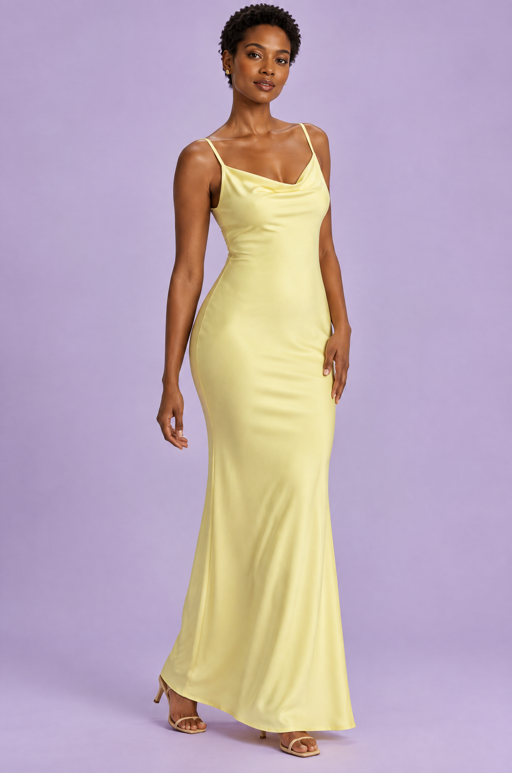 Robe longue moulante jaune à col bénitier | Vue de face | Lounelle Paris