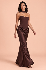 Robe longue corset marron bustier | Vue en mouvement | Lounelle Paris
