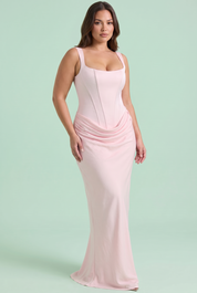 Robe longue rose froncée à encolure carrée | Porté sur une autre silhouette | Lounelle Paris