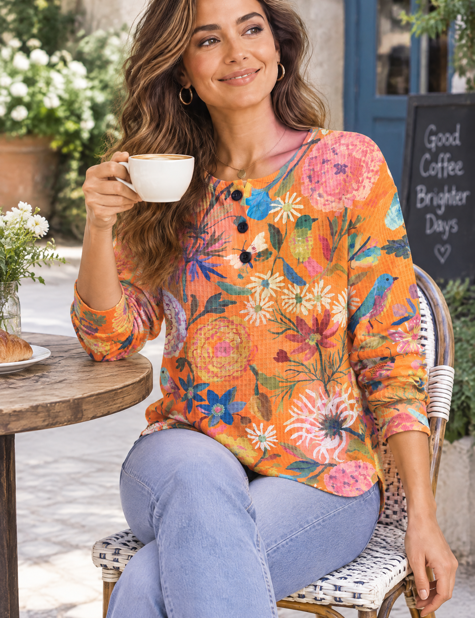 Haut imprimé en maille gaufrée orange | Photo lifestyle | Lounelle Paris